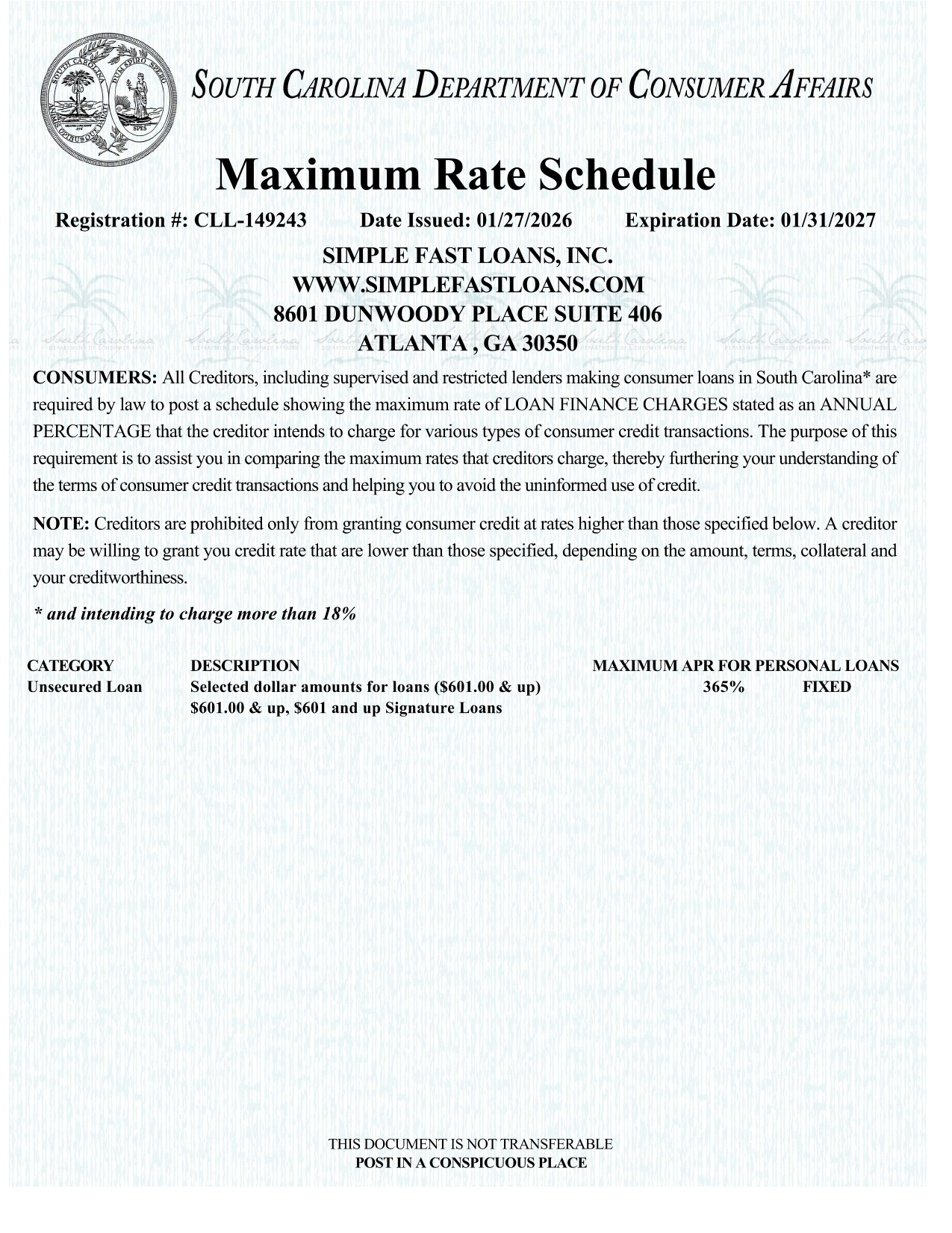 South Carolina Max Rate Schedule Com.