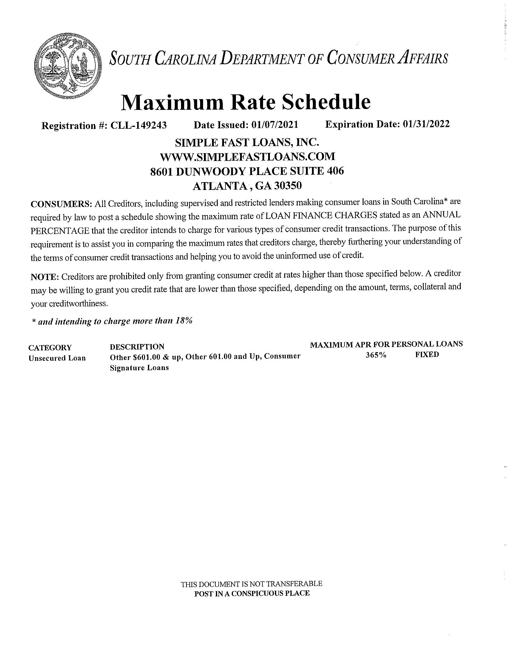 South Carolina Max Rate Schedule Certificate